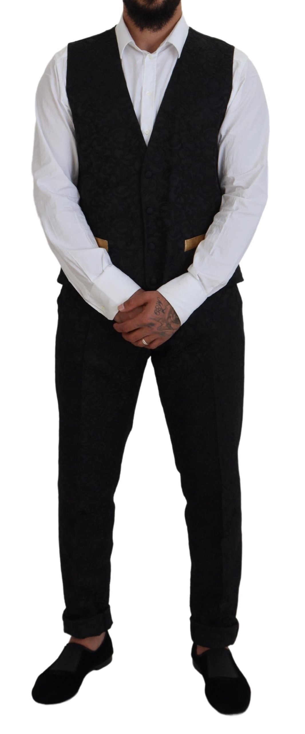 Dolce & Gabbana Men's Black Gold Fantasy Tuxedo Slim Fit Suit - Designed by Dolce & Gabbana Available to Buy at a Discounted Price on Moon Behind The Hill Online Designer Discount Store