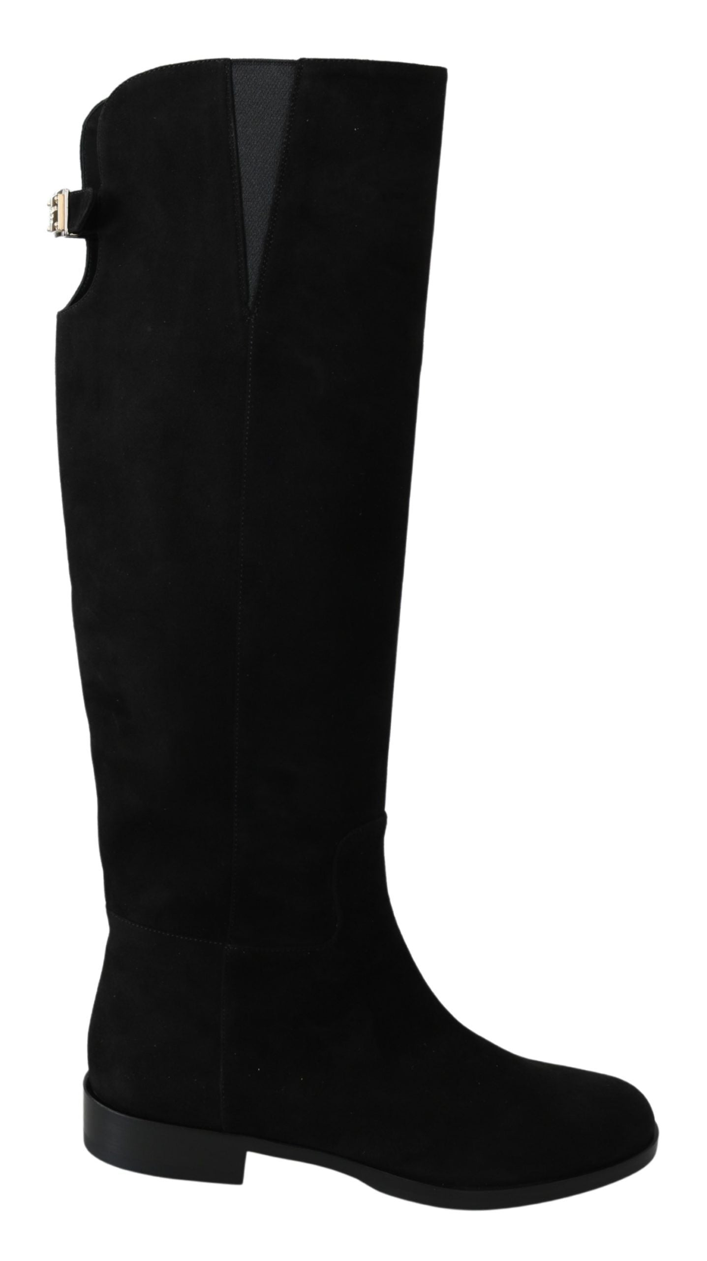 Black Suede Knee High Flat Boots Shoes - Designed by Dolce & Gabbana Available to Buy at a Discounted Price on Moon Behind The Hill Online Designer Discount Store