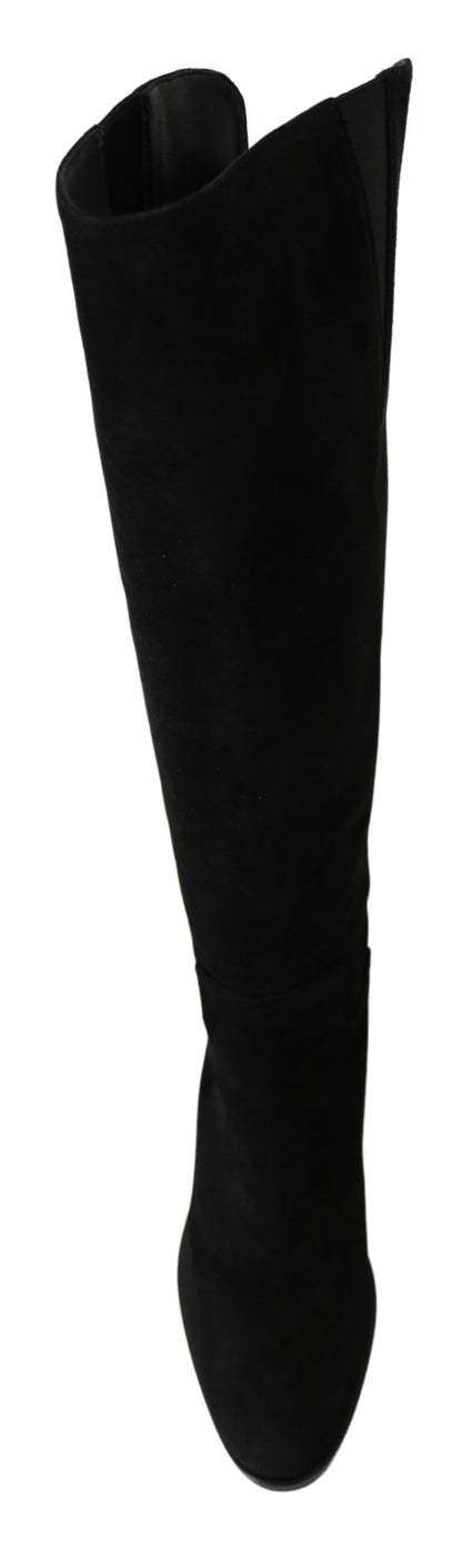 Black Suede Knee High Flat Boots Shoes - Designed by Dolce & Gabbana Available to Buy at a Discounted Price on Moon Behind The Hill Online Designer Discount Store