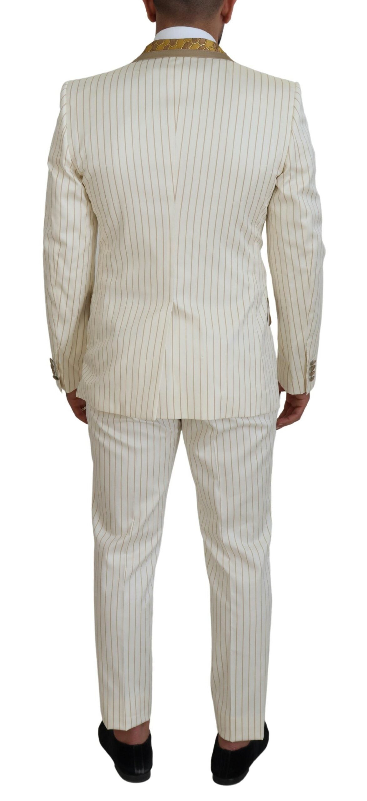 Dolce & Gabbana Men's Off White Gold Striped Tuxedo Slim Fit Suit - Designed by Dolce & Gabbana Available to Buy at a Discounted Price on Moon Behind The Hill Online Designer Discount Store