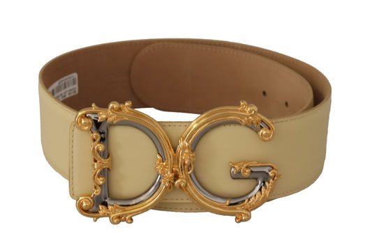 Beige Wide Waist Leather DG Logo Baroque Buckle Belt - Designed by Dolce & Gabbana Available to Buy at a Discounted Price on Moon Behind The Hill Online Designer Discount Store