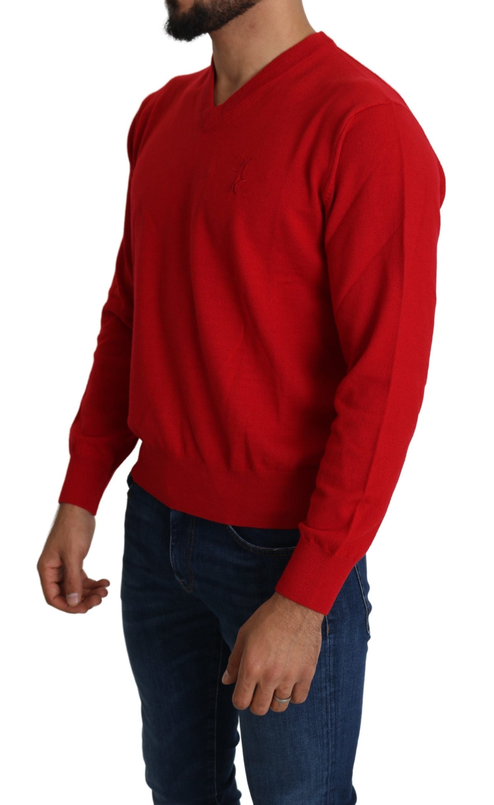 Billionaire Italian Couture Men's Red V-neck Wool Sweatshirt Pullover Sweater - Designed by Billionaire Italian Couture Available to Buy at a Discounted Price on Moon Behind The Hill Online D
