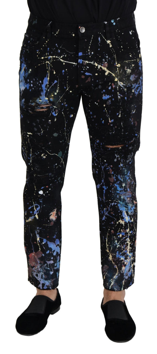 Dolce & Gabbana Men's Black Cotton Color Splash Print Denim Jeans - Designed by Dolce & Gabbana Available to Buy at a Discounted Price on Moon Behind The Hill Online Designer Discount Store