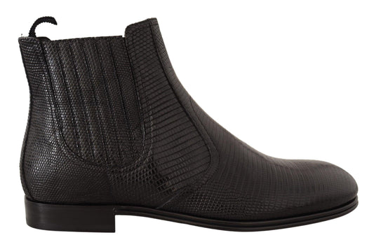 Black Leather Lizard Skin Ankle Boots - Designed by Dolce & Gabbana Available to Buy at a Discounted Price on Moon Behind The Hill Online Designer Discount Store