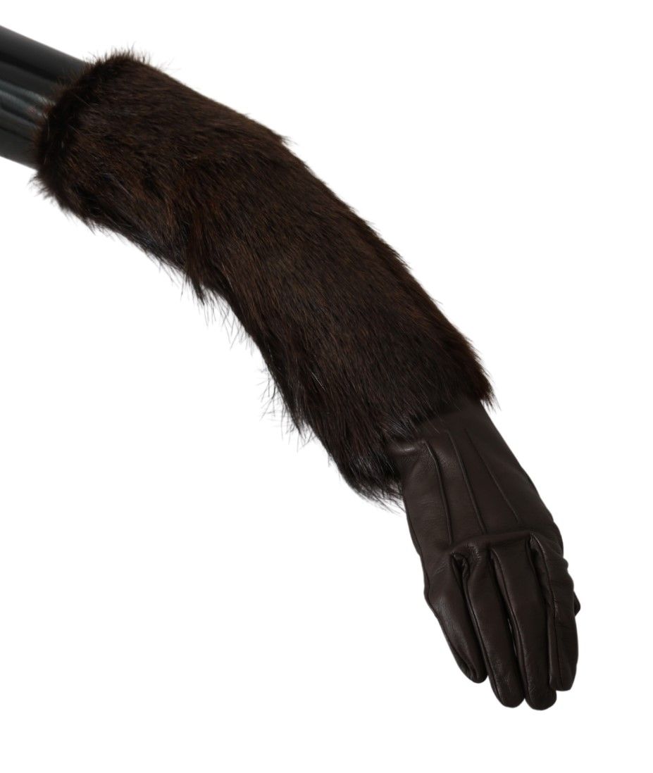 Brown Elbow Length Mittens Leather Fur Gloves - Designed by Dolce & Gabbana Available to Buy at a Discounted Price on Moon Behind The Hill Online Designer Discount Store