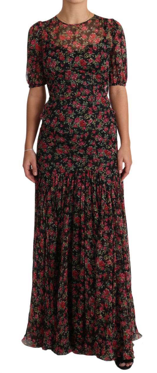Black Floral Roses A-Line Shift Gown Dress - Designed by Dolce & Gabbana Available to Buy at a Discounted Price on Moon Behind The Hill Online Designer Discount Store