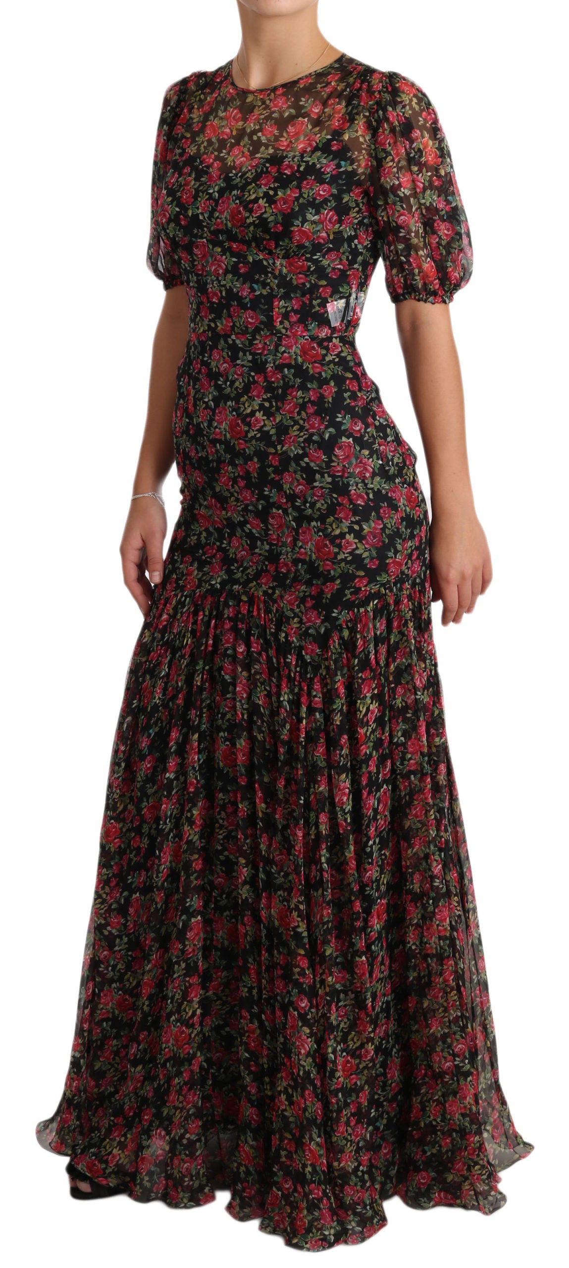 Black Floral Roses A-Line Shift Gown Dress - Designed by Dolce & Gabbana Available to Buy at a Discounted Price on Moon Behind The Hill Online Designer Discount Store