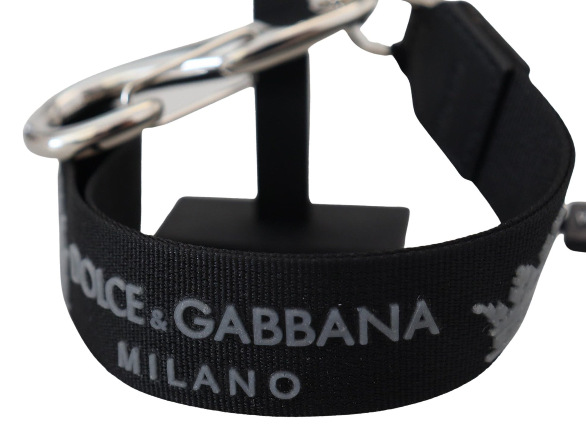 Dolce & Gabbana Black Polyester Logo Silver Tone Brass Keychain - Designed by Dolce & Gabbana Available to Buy at a Discounted Price on Moon Behind The Hill Online Designer Discount Store