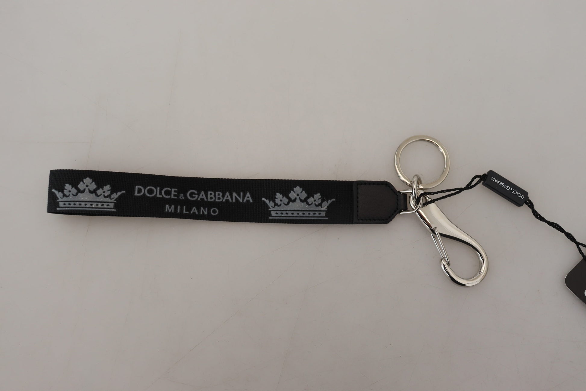 Dolce & Gabbana Black Polyester Logo Silver Tone Brass Keychain - Designed by Dolce & Gabbana Available to Buy at a Discounted Price on Moon Behind The Hill Online Designer Discount Store