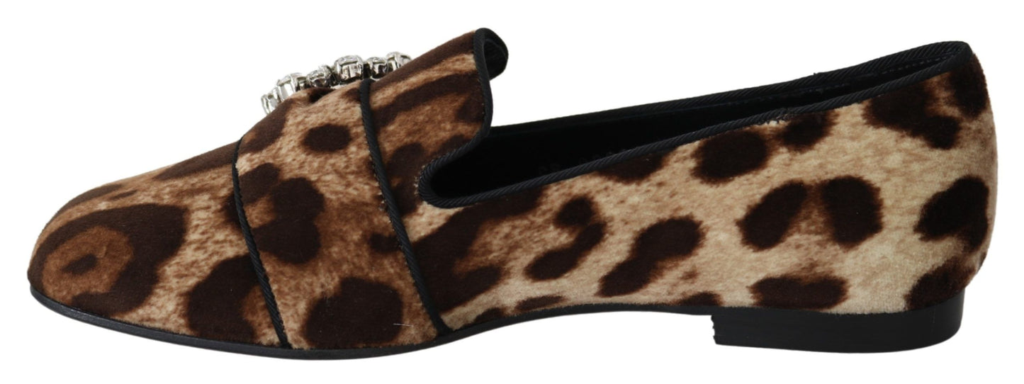 Brown Leopard Print Crystals Loafers Flats Shoes - Designed by Dolce & Gabbana Available to Buy at a Discounted Price on Moon Behind The Hill Online Designer Discount Store