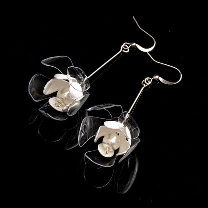 Clear & White Double-Flower Drop Earrings - Designed by Upcycle with Jing Available to Buy at a Discounted Price on Moon Behind The Hill Online Designer Discount Store