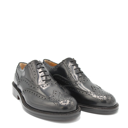 Saxone Black Spazzolato Leather Mens Laced Full Brogue Shoes