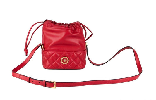 Versace Red Quilted Leather Drawstring Shoulder Bag Bucket Crossbody Handbag (Red)