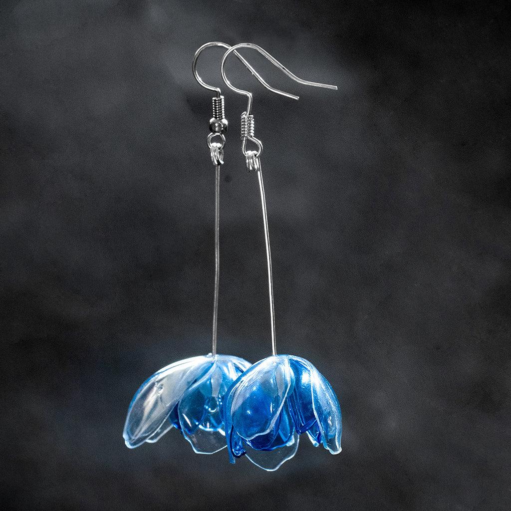Clear & Blue Double-flowers Drop Earrings - Designed by Upcycle with Jing Available to Buy at a Discounted Price on Moon Behind The Hill Online Designer Discount Store