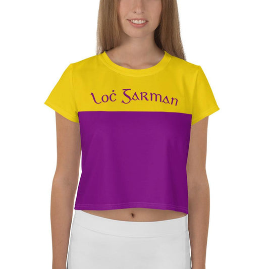 Women's Loċ Garman 1950s Retro Wexford Supporters Print Crop Tee designed by Moon Behind The Hill available from Moon Behind The Hill's Women's Clothing range