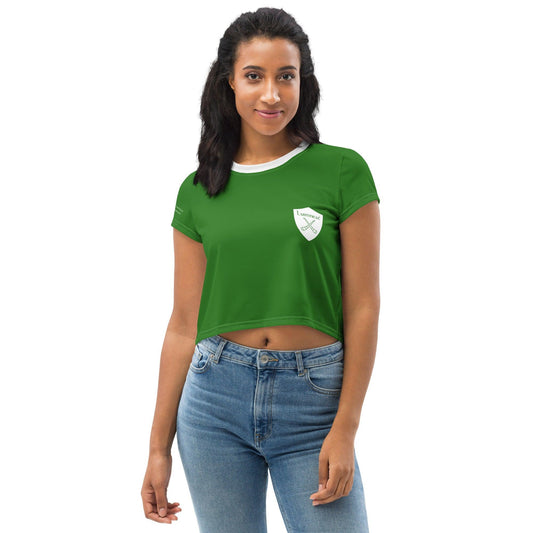 Women's Luimneaċ 1940 Retro Mick Mackey Limerick Supporter Crop Tee designed by Moon Behind The Hill available from Moon Behind The Hill 's Clothing > Shirts & Tops > Womens range