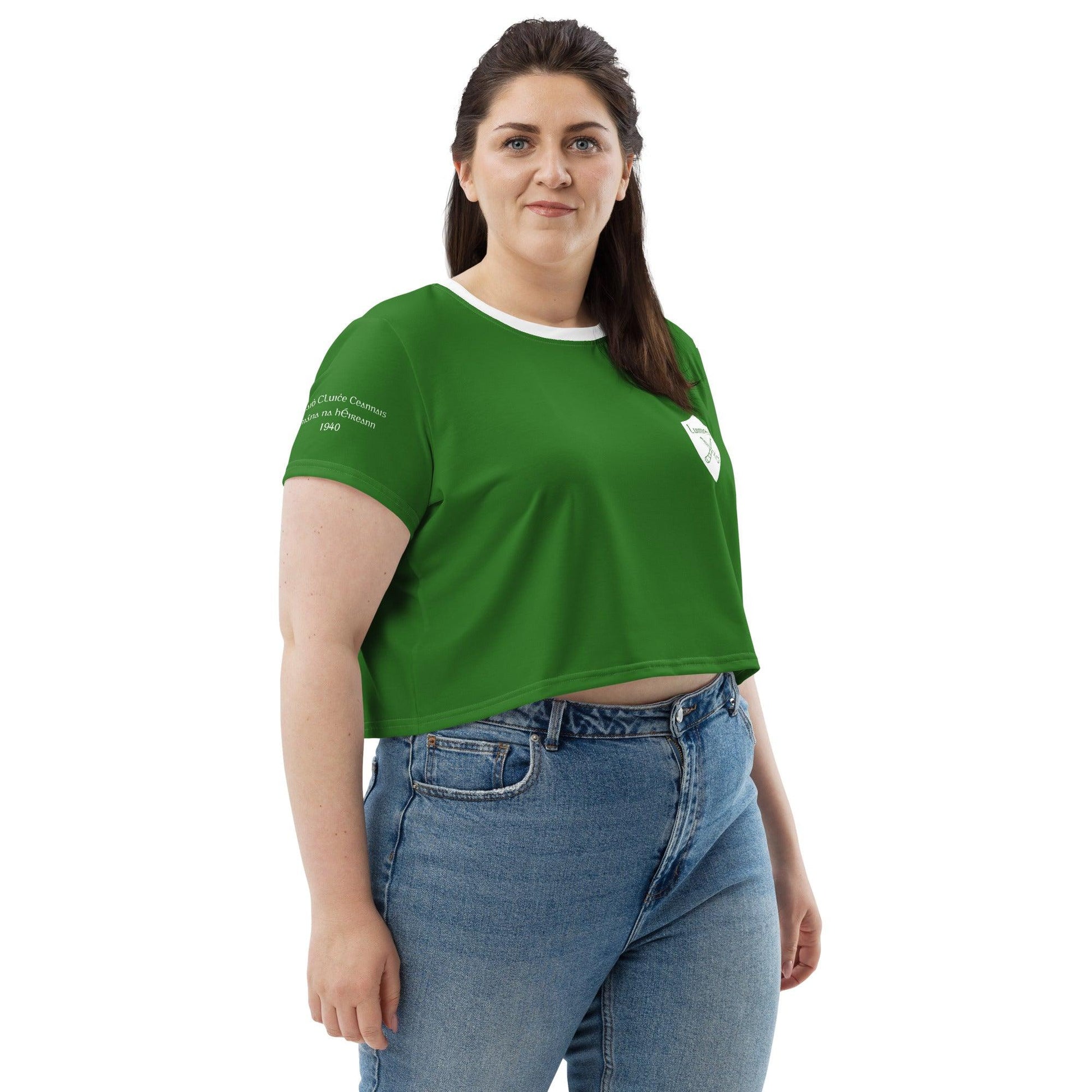 Women's Luimneaċ 1940 Retro Mick Mackey Limerick Supporter Crop Tee designed by Moon Behind The Hill available from Moon Behind The Hill 's Clothing > Shirts & Tops > Womens range