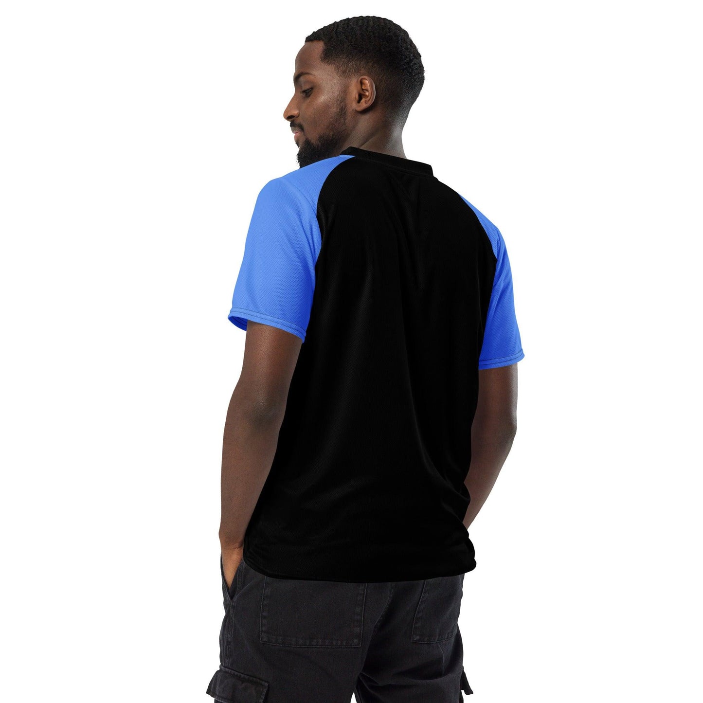 Black & Blue Recycled unisex sports jersey - Designed by Moon Behind The Hill Available to Buy at a Discounted Price on Moon Behind The Hill Online Designer Discount Store