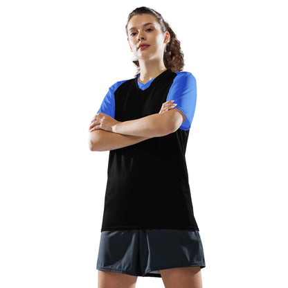Black & Blue Recycled unisex sports jersey - Designed by Moon Behind The Hill Available to Buy at a Discounted Price on Moon Behind The Hill Online Designer Discount Store