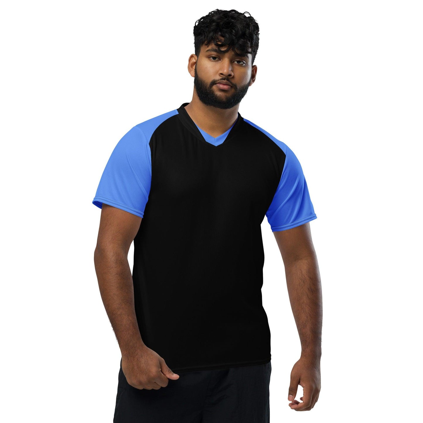 Black & Blue Recycled unisex sports jersey - Designed by Moon Behind The Hill Available to Buy at a Discounted Price on Moon Behind The Hill Online Designer Discount Store