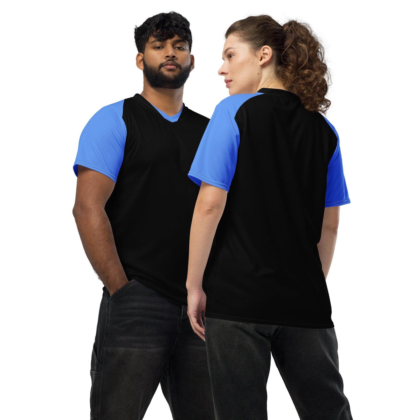 Black & Blue Recycled unisex sports jersey - Designed by Moon Behind The Hill Available to Buy at a Discounted Price on Moon Behind The Hill Online Designer Discount Store