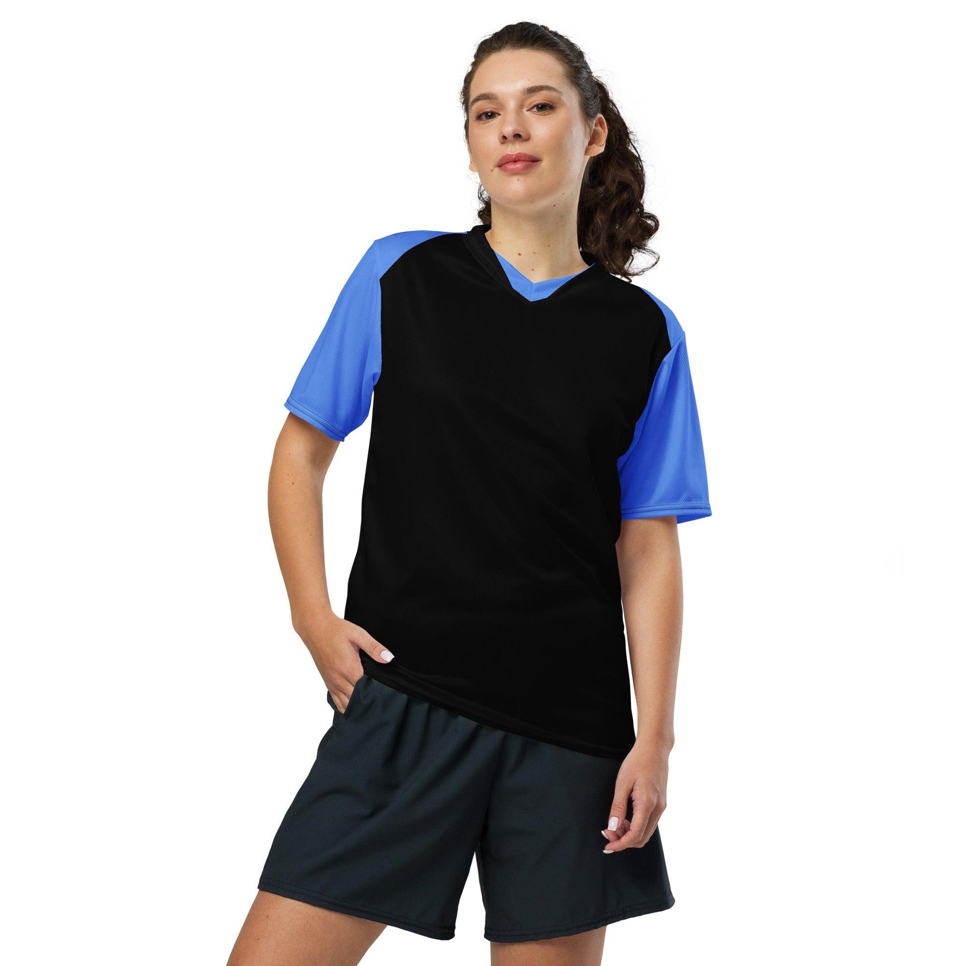 Black & Blue Recycled unisex sports jersey - Designed by Moon Behind The Hill Available to Buy at a Discounted Price on Moon Behind The Hill Online Designer Discount Store