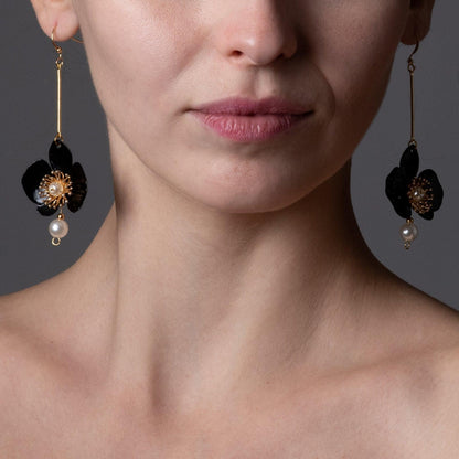 Butterfly Orchid Pearl Earrings - Black - Designed by Upcycle with Jing Available to Buy at a Discounted Price on Moon Behind The Hill Online Designer Discount Store