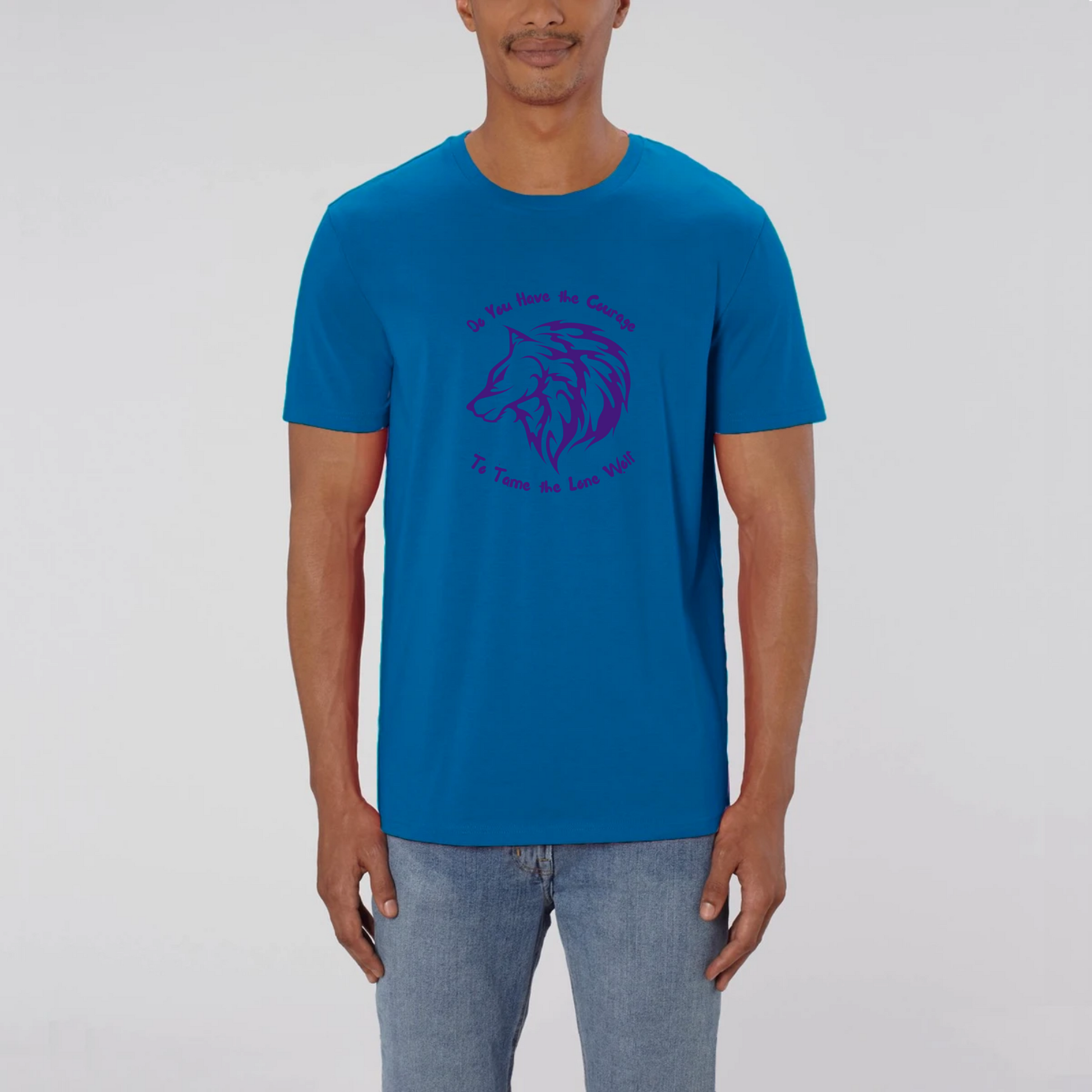 Graphic design t-shirt for men which features the head of a lone male wolf with the words "Do You Have the Courage to Tame the Lone Wolf". The t-shirt is blue