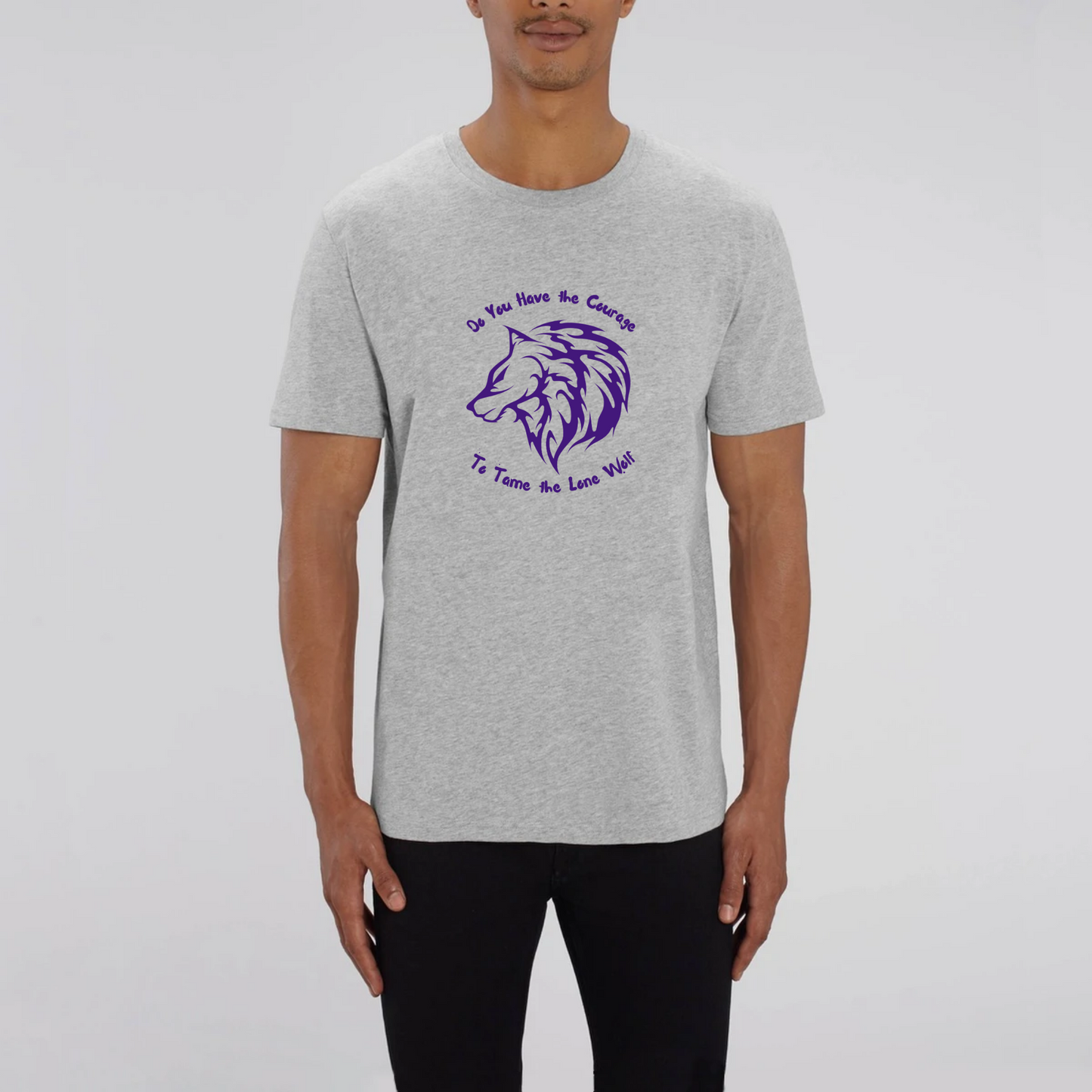 Graphic design t-shirt for men which features the head of a lone male wolf with the words "Do You Have the Courage to Tame the Lone Wolf". The t-shirt is grey