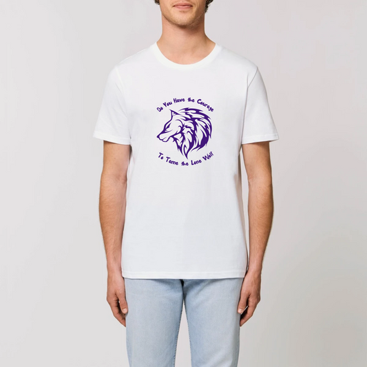 Graphic design t-shirt for men which features the head of a lone male wolf with the words "Do You Have the Courage to Tame the Lone Wolf". The t-shirt is white