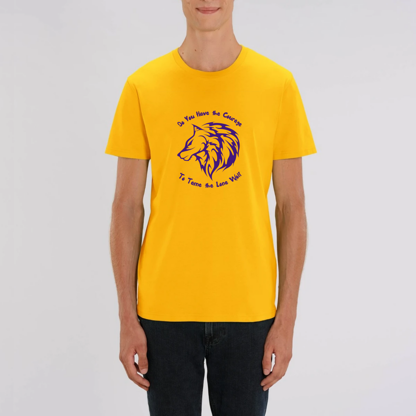 Graphic design t-shirt for men which features the head of a lone male wolf with the words "Do You Have the Courage to Tame the Lone Wolf". The t-shirt is yellow