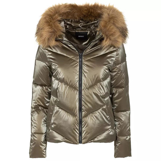 Imperfect Women's Brown Polyamide Short Down Jacket with Faux Fur Hood