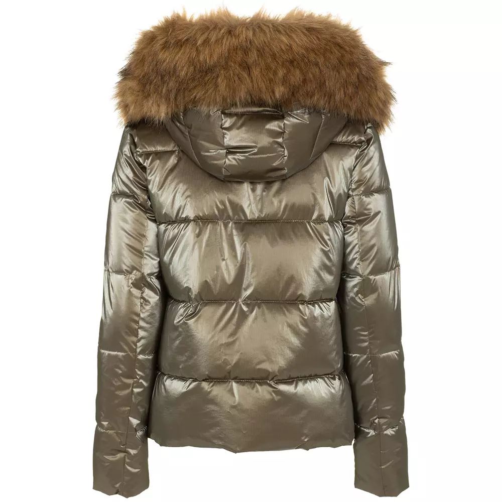 Imperfect Women's Brown Polyamide Short Down Jacket with Faux Fur Hood