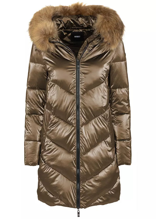 Imperfect Women's Brown Polyamide Long Down Jackets with Eco-Fur Lined Hood - Designed by Imperfect Available to Buy at a Discounted Price on Moon Behind The Hill Online Designer Discount Sto