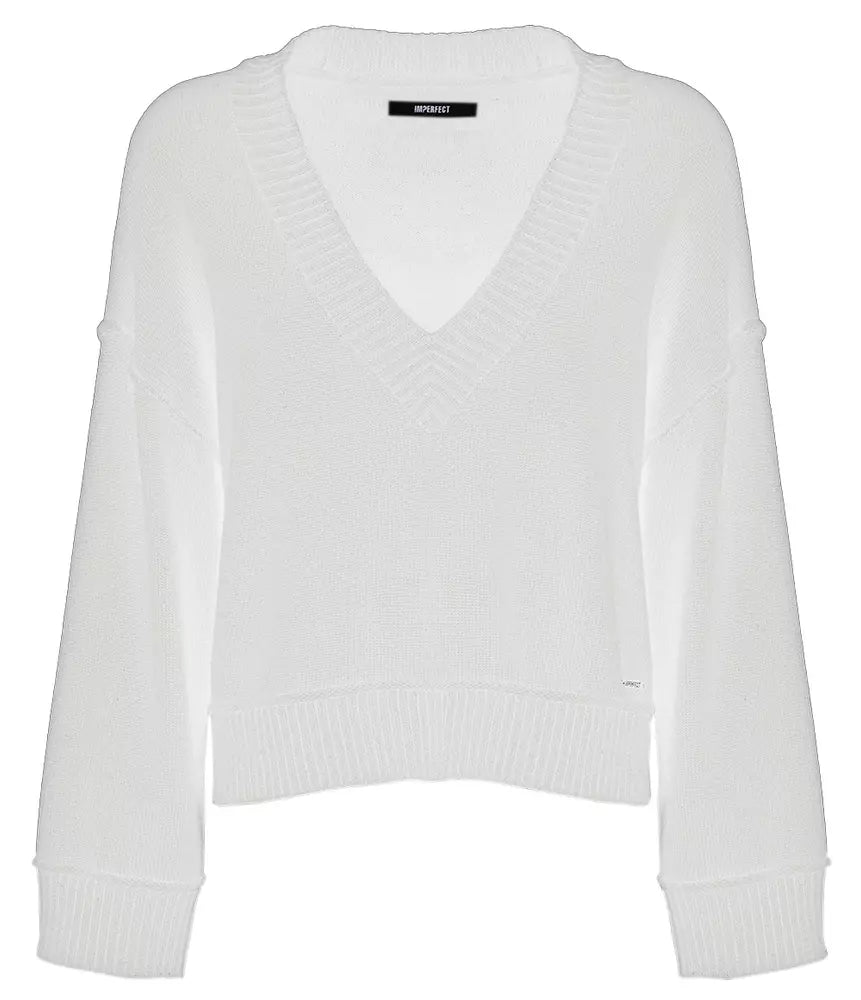 Imperfect Women's White Polyester V-neck Sweater - Designed by Imperfect Available to Buy at a Discounted Price on Moon Behind The Hill Online Designer Discount Store