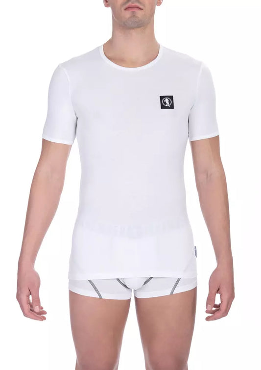 White Cotton Men's Bikkembergs Logo Crewneck T-Shirt designed by Bikkembergs available from Moon Behind The Hill 's Clothing > Shirts & Tops > Mens range
