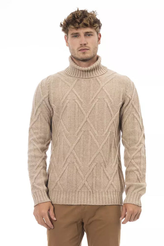 Alpha Studio Men's Beige Merino Wool Turtleneck Sweater