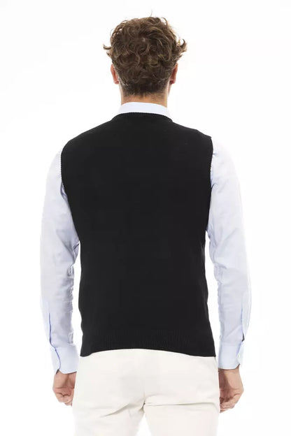 Alpha Studio Men's Black Viscose V-neck Sweater Vest