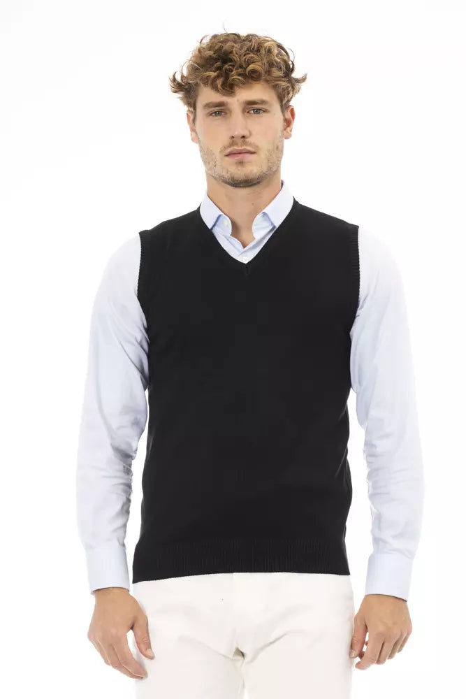 Alpha Studio Men's Black Viscose V-neck Sweater Vest