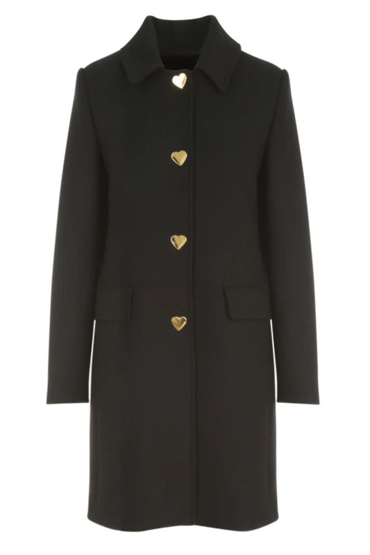 Elegant Black Wool Coat with Heart Buttons