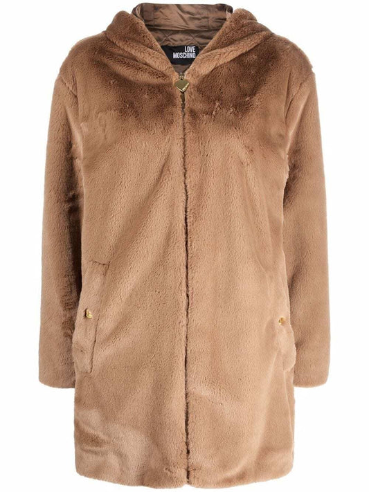 Love Moschino Women's Beige Polyester Faux Fur Hooded Coat