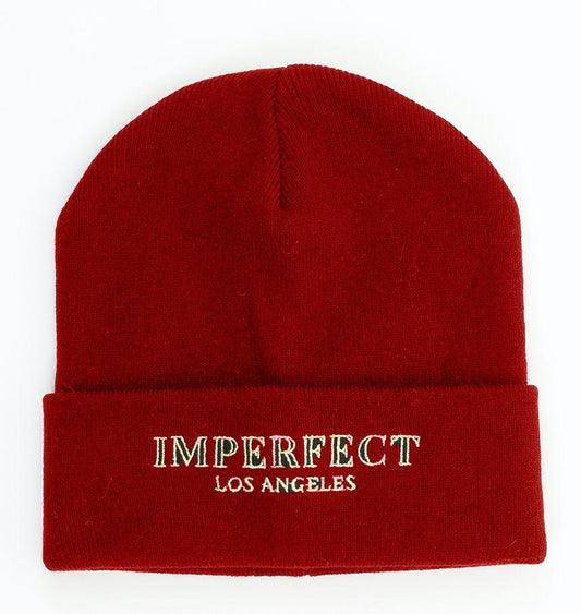Imperfect Logo Red Acrylic Beanie Hat - Designed by Imperfect Available to Buy at a Discounted Price on Moon Behind The Hill Online Designer Discount Store