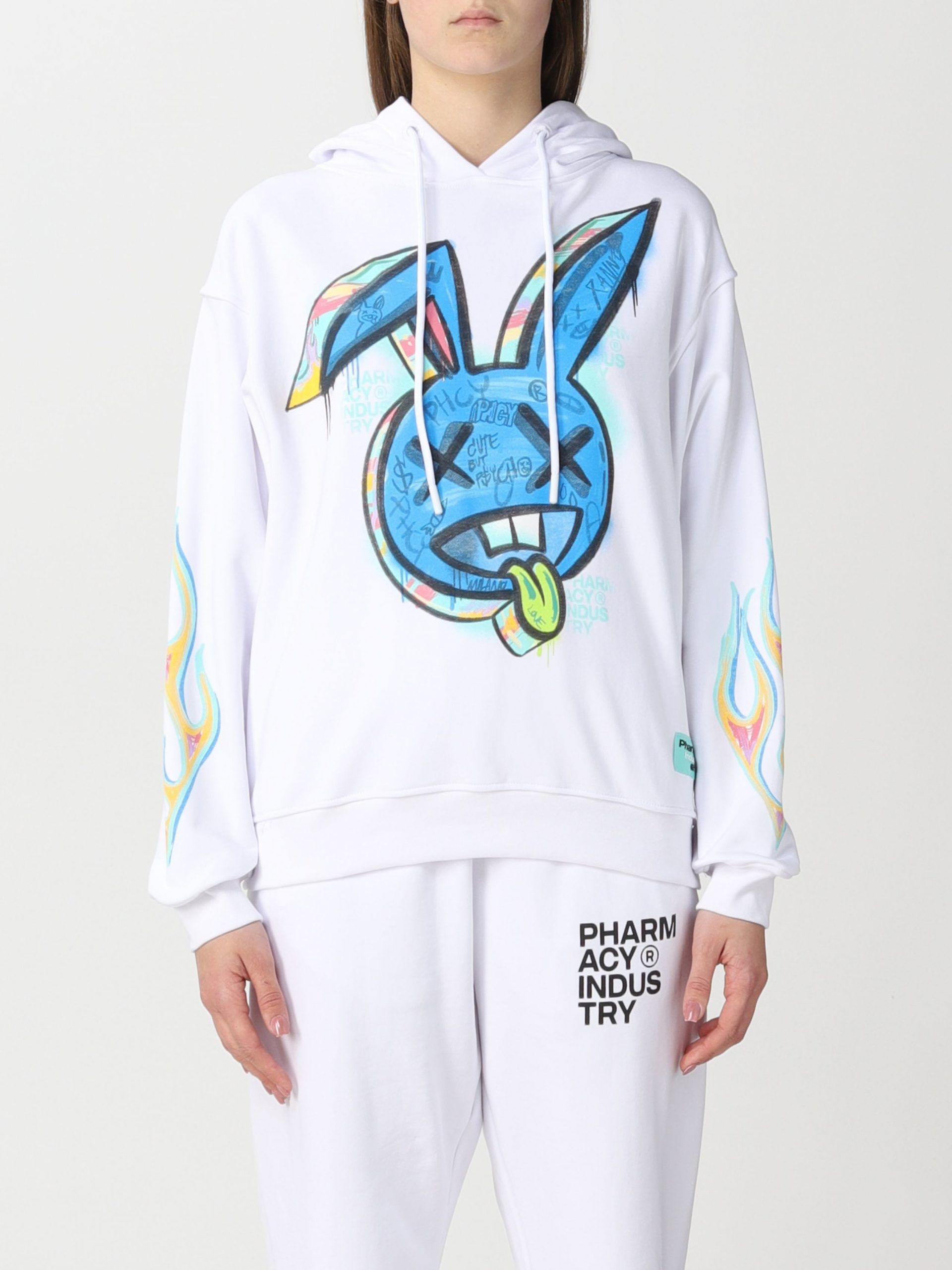 Pharmacy Industry Women's White Cotton Graphic Print Hoodie Sweater designed by Pharmacy Industry available from Moon Behind The Hill 's Clothing > Shirts & Tops > Womens range