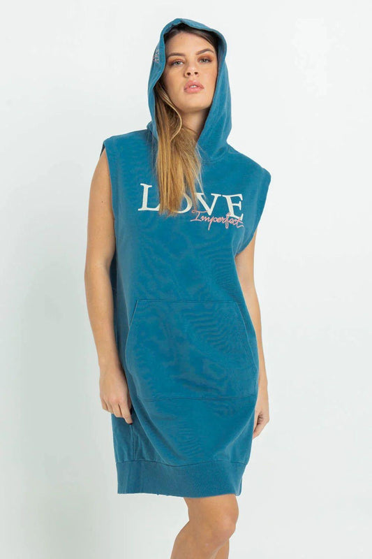 Imperfect Blue Cotton Sleeveless Oversized Hoodie Dress - Designed by Imperfect Available to Buy at a Discounted Price on Moon Behind The Hill Online Designer Discount Store