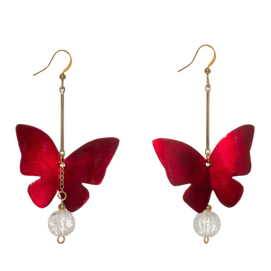 Butterfly Crystal Drop Earrings- Red-0