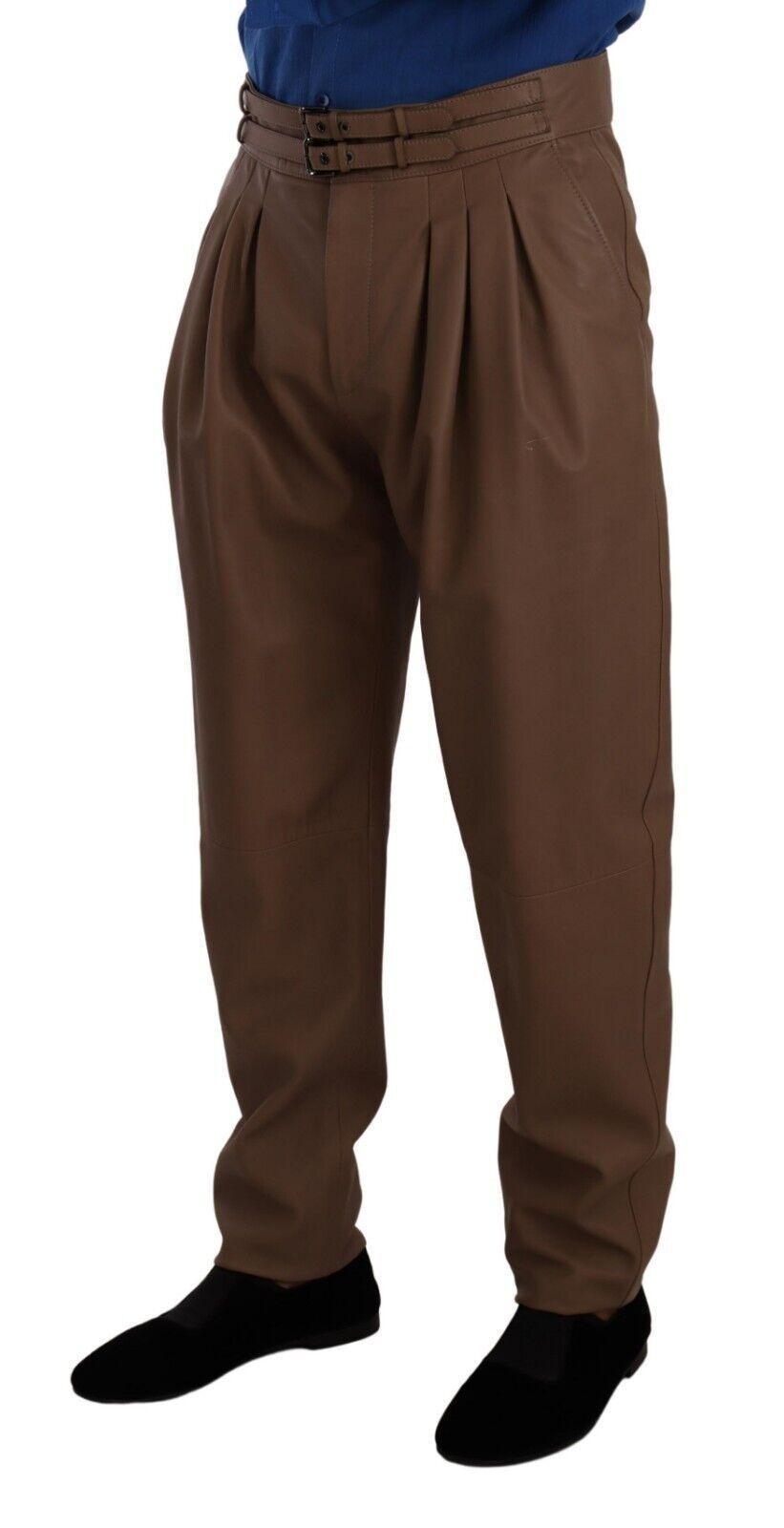Brown Leather Tapered High Waist Pants - Designed by Dolce & Gabbana Available to Buy at a Discounted Price on Moon Behind The Hill Online Designer Discount Store