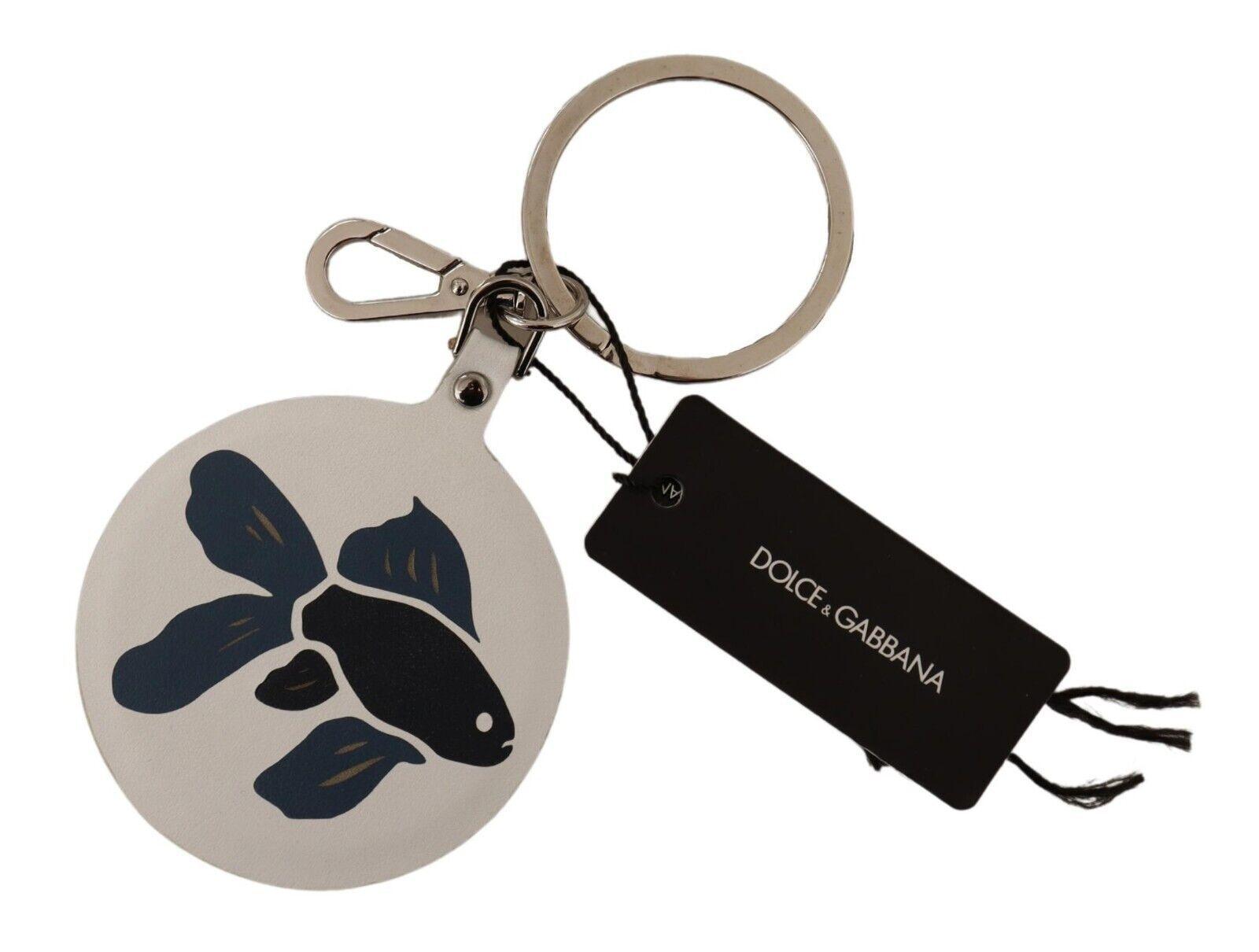 White Leather Fish Metal Silver Tone Keyring Keychain designed by Dolce & Gabbana available from Moon Behind The Hill 's Handbag & Wallet Accessories > Keychains > Mens range
