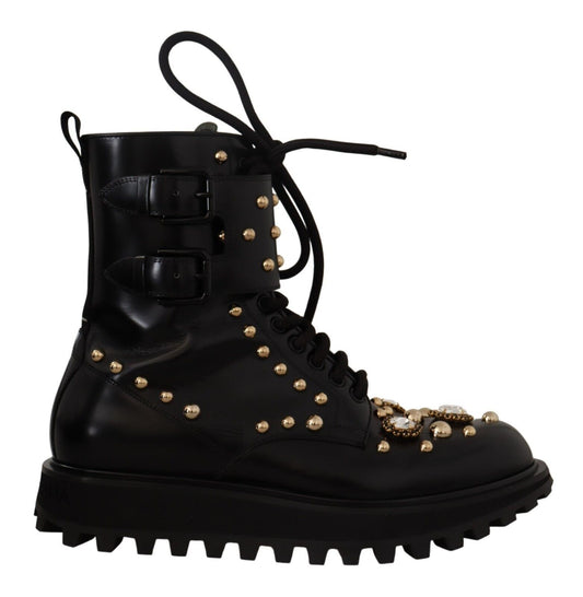 Dolce & Gabbana Black Leather Crystal Embellished Boots Shoes - Designed by Dolce & Gabbana Available to Buy at a Discounted Price on Moon Behind The Hill Online Designer Discount Store