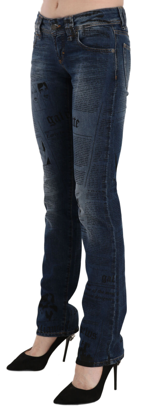 John Galliano Blue Newspaper Print Low Waist Skinny Denim Pants - Designed by John Galliano Available to Buy at a Discounted Price on Moon Behind The Hill Online Designer Discount Store