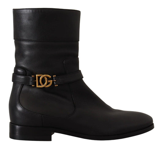 D&G Black Leather Flats Logo Short Boots Shoes - Designed by Dolce & Gabbana Available to Buy at a Discounted Price on Moon Behind The Hill Online Designer Discount Store